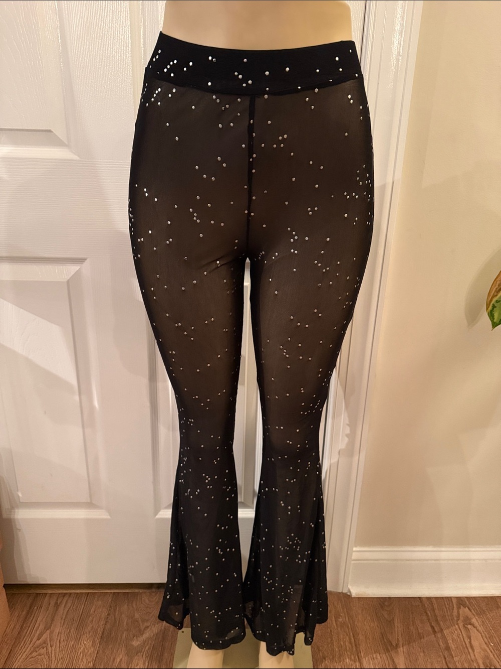 Black Sheer Flared Rhinestone Leggings